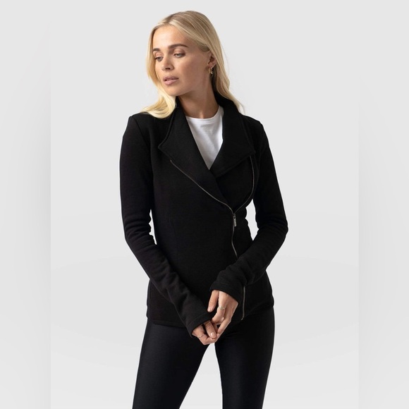 Saint + Sofia Axel Biker Jacket Ribbed Black Organic Cotton Assymetrical Zip - Picture 1 of 8